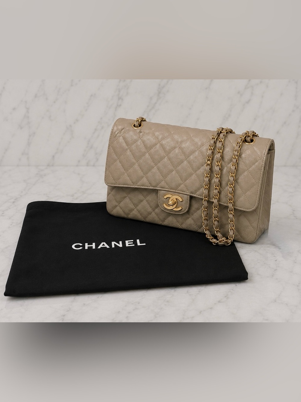 🆕 🤍CC Classic Medium Double Flap Bag Taupe Caviar Leather with Gold Hardware 🤍